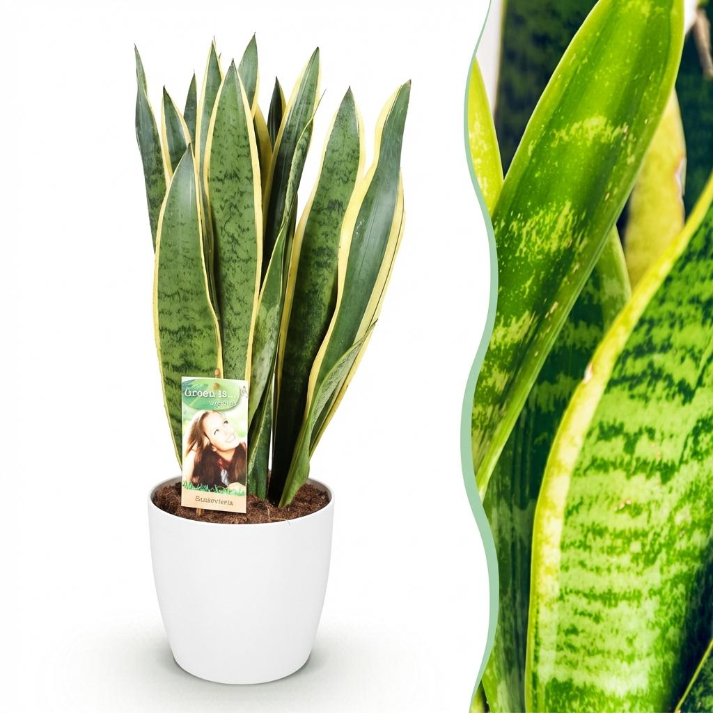 Green boutiQ - Houseplants - Sansevieria Laurentii - Snake Plant - Low maintenance - Green - yellow - 1 Plant - with Potter White - Pot 21cm - Height 70-80cm