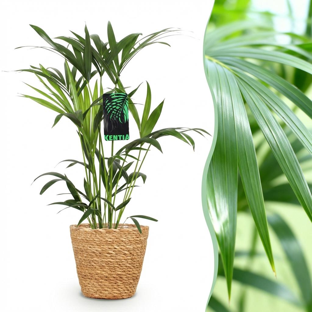 Green boutiQ - Houseplant - Howea Forsteriana - Kentia Palm - Low Maintenance - Green - 1 Plant - with Basket - Pot 19cm - Height 80-85cm