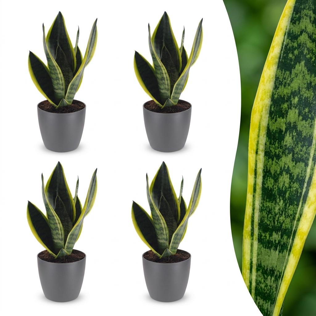 Green boutiQ - Sansevieria Future Superb - Snake Plant - 4 Plants - with Potter Grijs - Pot 12cm - Height - 35cm