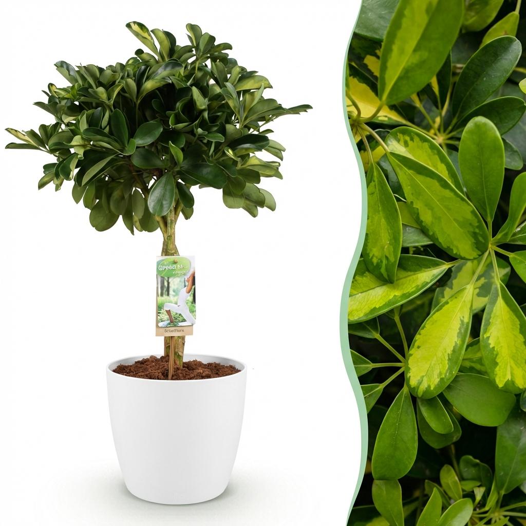 Green boutiQ - House Plants - Schefflera Gold Capelle - Finger Tree - Low Maintenance - Green - Gold - 1 Plant - with Potter White - Pot 21cm - Height 70-81cm