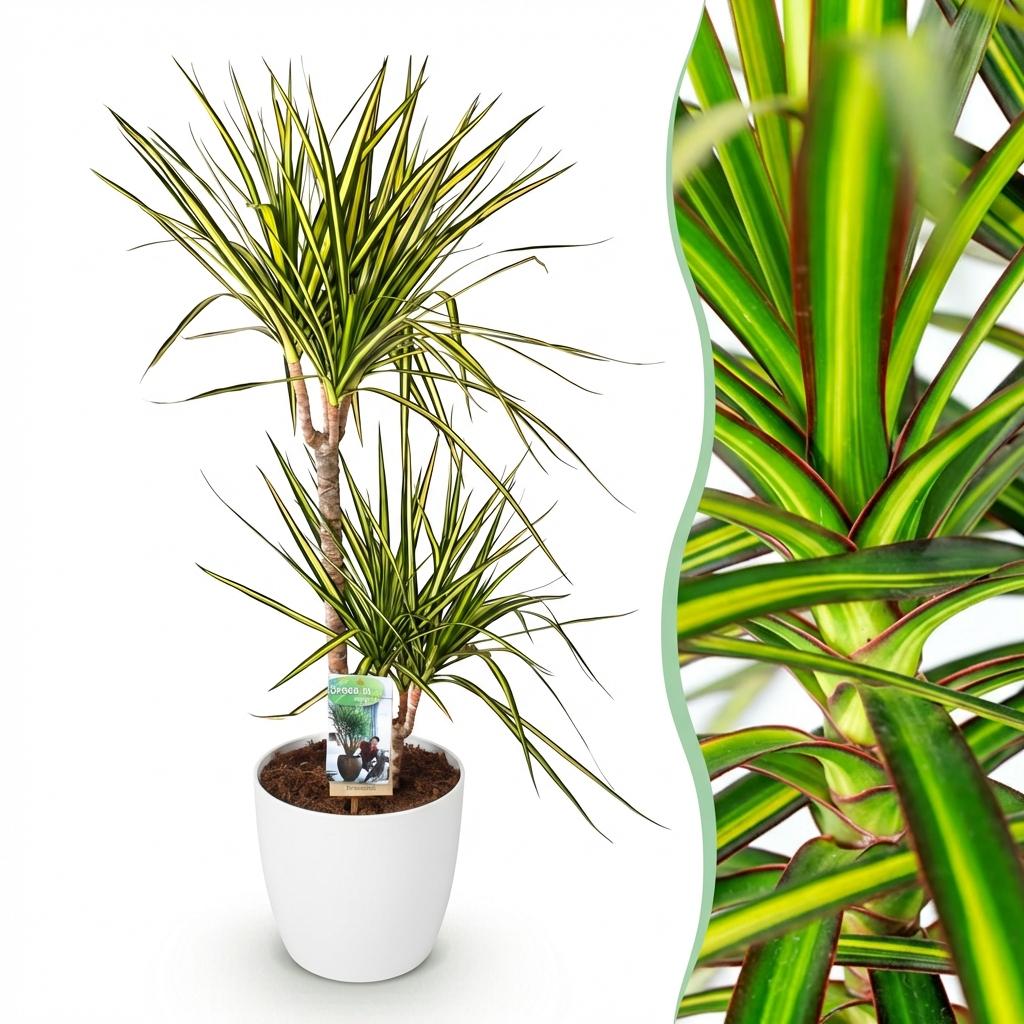 Green boutiQ - Houseplants - Dracaena Sunray - Dragon Blood Tree - Low maintenance - Green - yellow - 1 Plant - with Potter White - Pot 21cm - Height 90-100cm