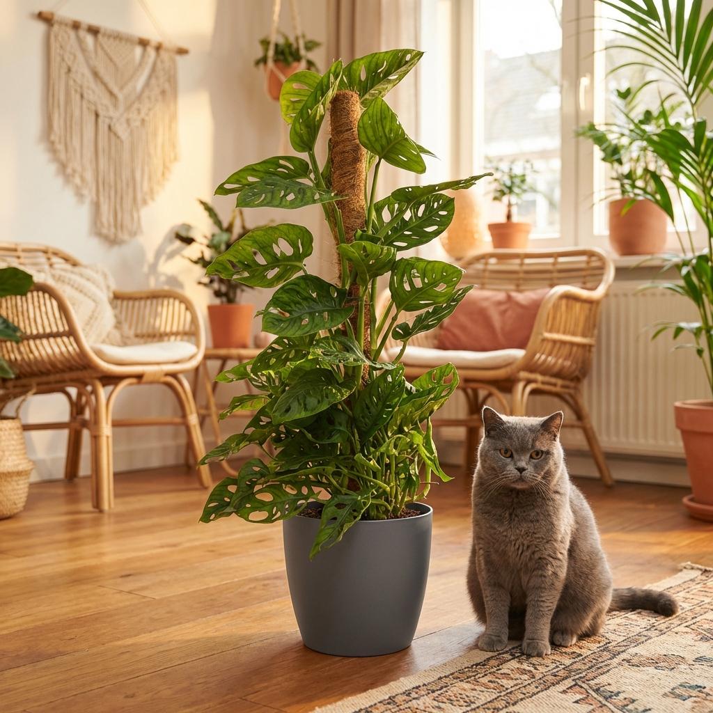 Green boutiQ - Houseplant - Monkey Mask - Monstera Adansonii Moss Pole - Green - Low maintenance - 1 Plant - with Grey Potter - Pot 19cm - Height 90cm