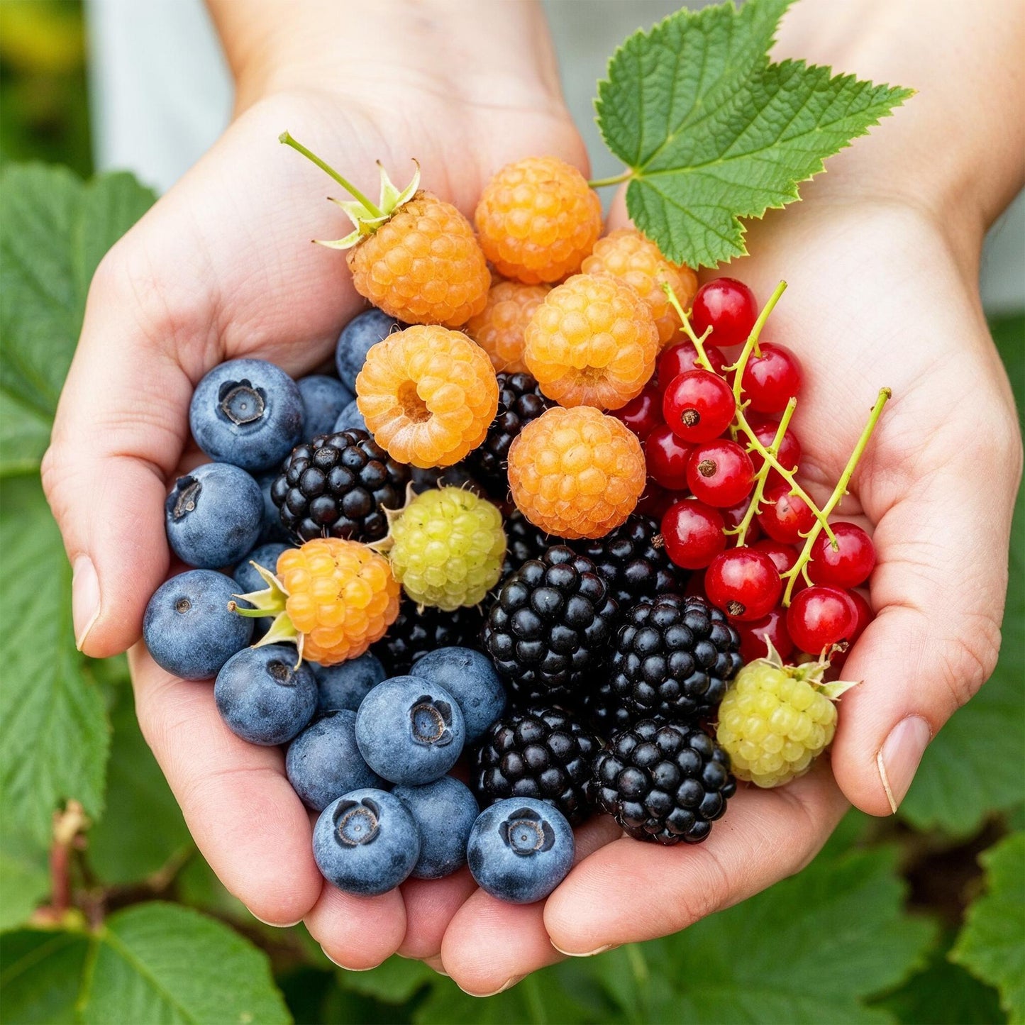 Green boutiQ - Fruit Plants - Rainbow - Red Currant - Yellow Raspberry - Blackberry - Blueberry - Winter Hardy - 4 Plants - 9cm Pot