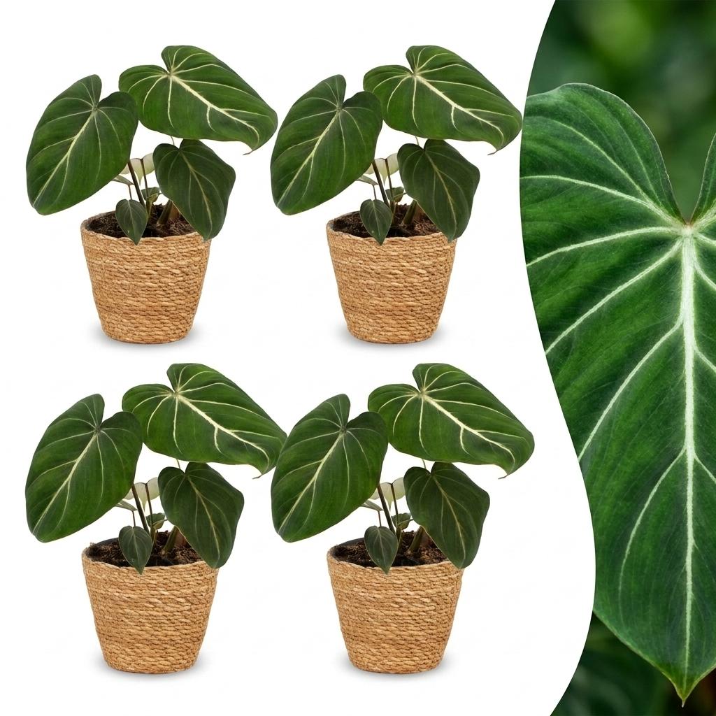 Green boutiQ - Philodendron Gloriosum - Glorious Philodendron - 4 Plants - with Basket - Pot 12cm - Height - 25cm