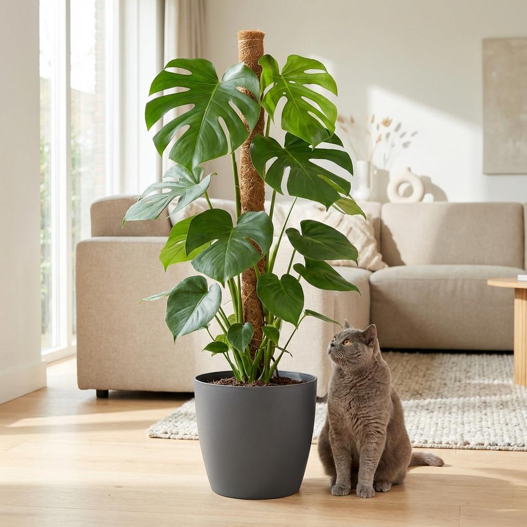 Green boutiQ - Indoor plant - Swiss Cheese Plant - Monstera Deliciosa moss pole - Green - Low maintenance - 1 Plant - with Potter Grey - Pot 19cm - Height 90cm