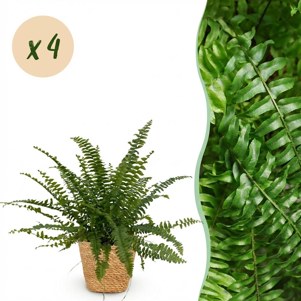 Pianta d'appartamento - Nephrolepsis exaltata Green Lady - Felce - Pianta Pet-Friendly - Verde - 4 Piante - con Cesto - Vaso 12cm - Altezza 25cm