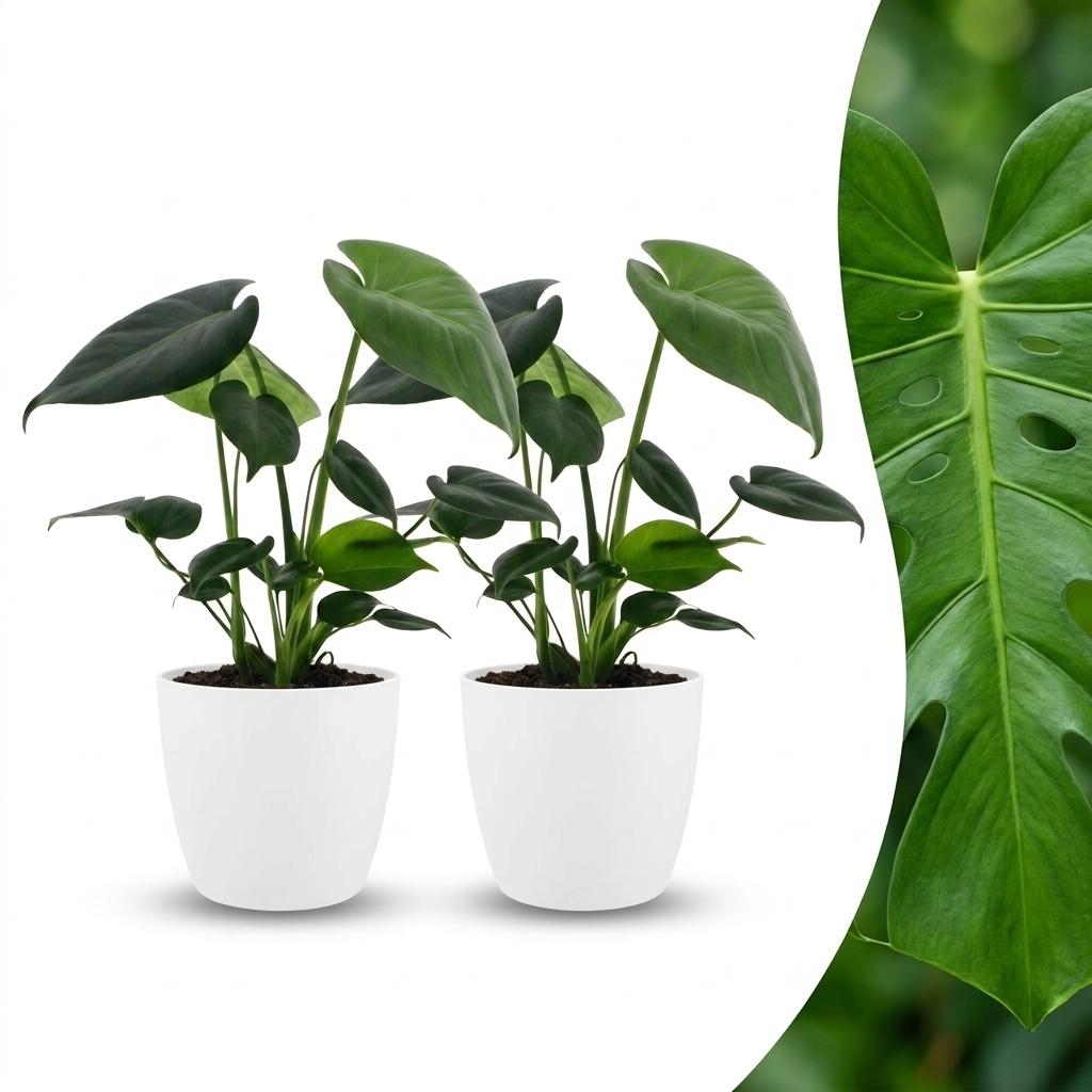 Monstera Deliciosa - Gatenplant - 2 Planten - met Potter Wit - Pot 12cm - Hoogte - 30cm
