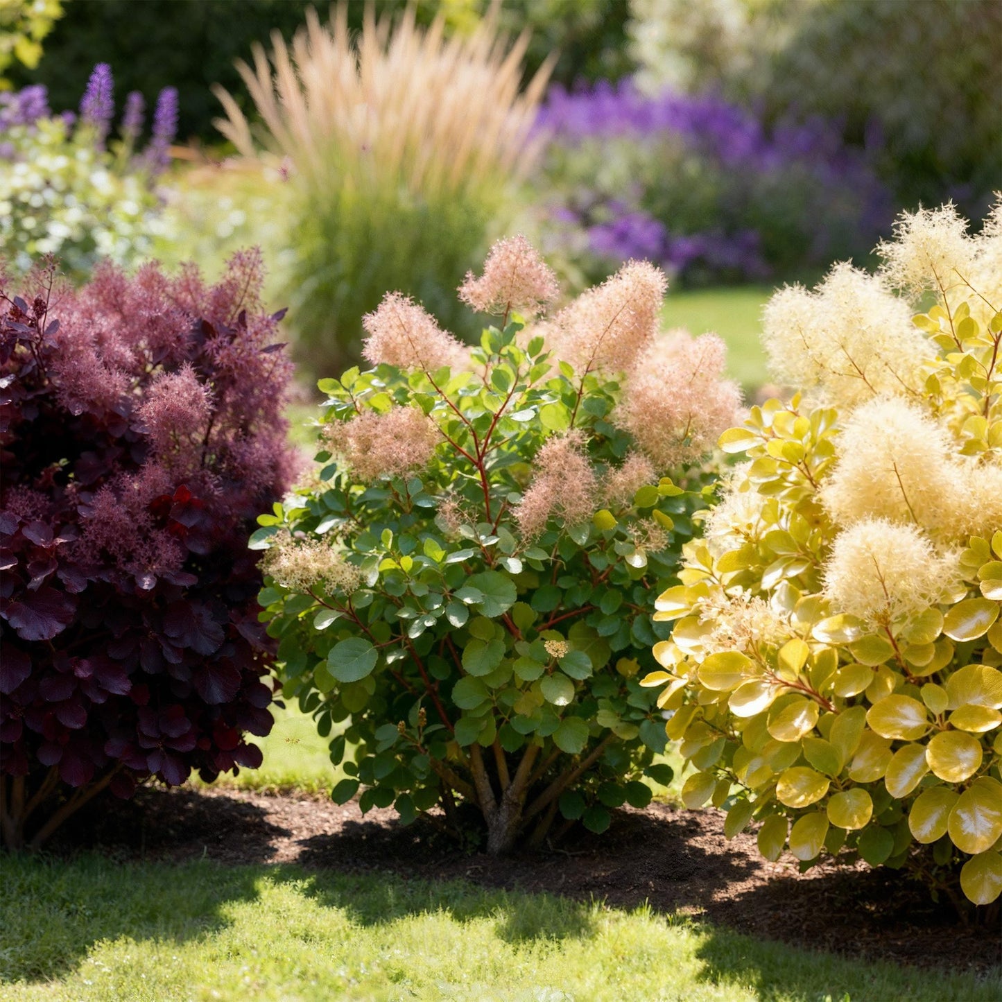 Garden Plant - Cotinus coggyria Tricolour - Purple-Green-Yellow - 3 Plants - Deciduous - Low Maintenance - 12cm Pot Height 35cm