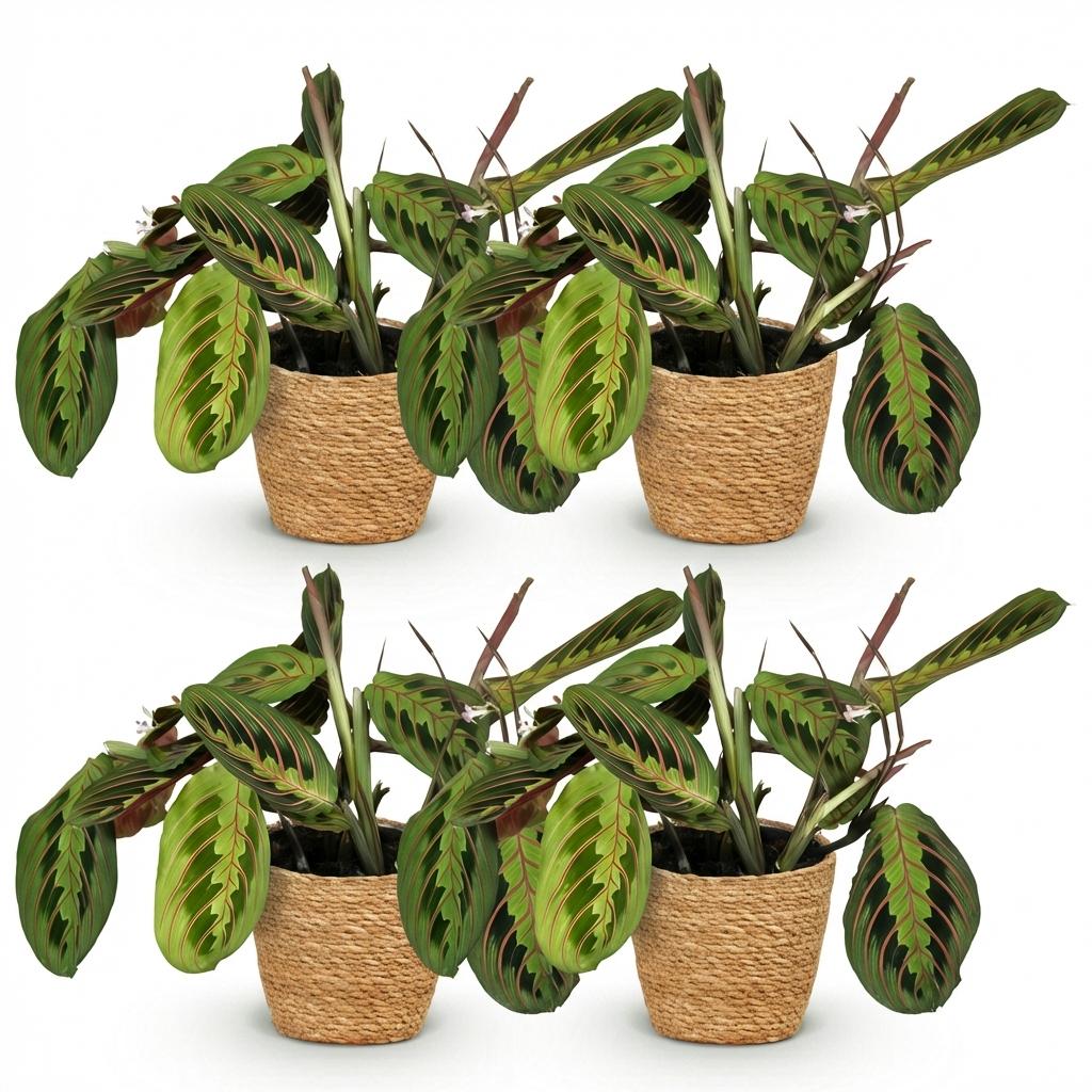 Green boutiQ - Houseplant - Maranta Fascinator Tricolour - Prayer Plant - Pet-Friendly Plant - Green - 4 Plants - with Basket - Pot 12cm - Height 25cm