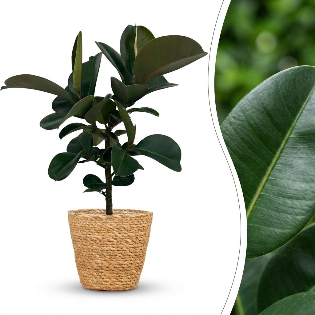 Green boutiQ - Indoor Plant - Rubber Plant - Ficus Elastica Cloe - Green - Low Maintenance - 1 Plant - with Basket - Pot 19cm - Height 65cm