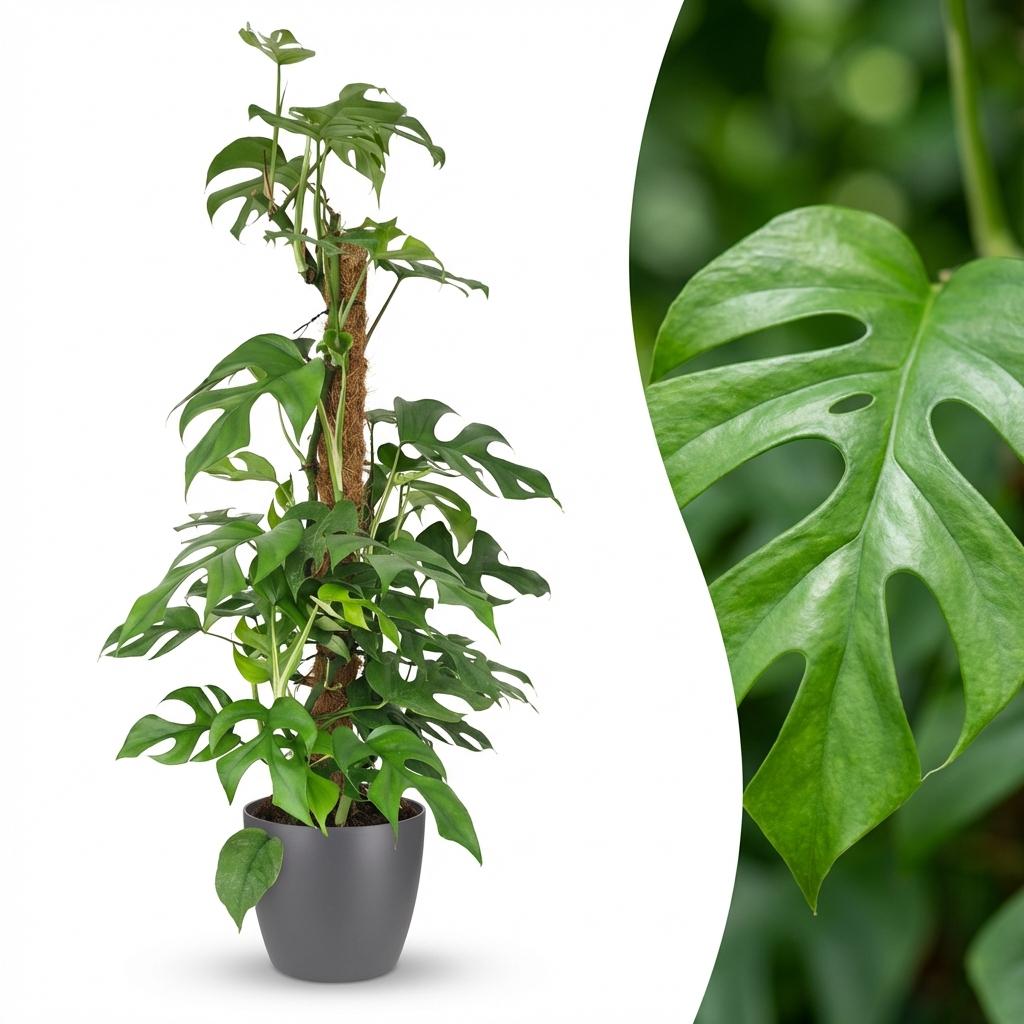 Green boutiQ - Indoor Plant - Mini Swiss Cheese Plant - Monstera Minima Moss Pole - Green - Low Maintenance - 1 Plant - with Grey Potter - Pot 19cm - Height 90cm