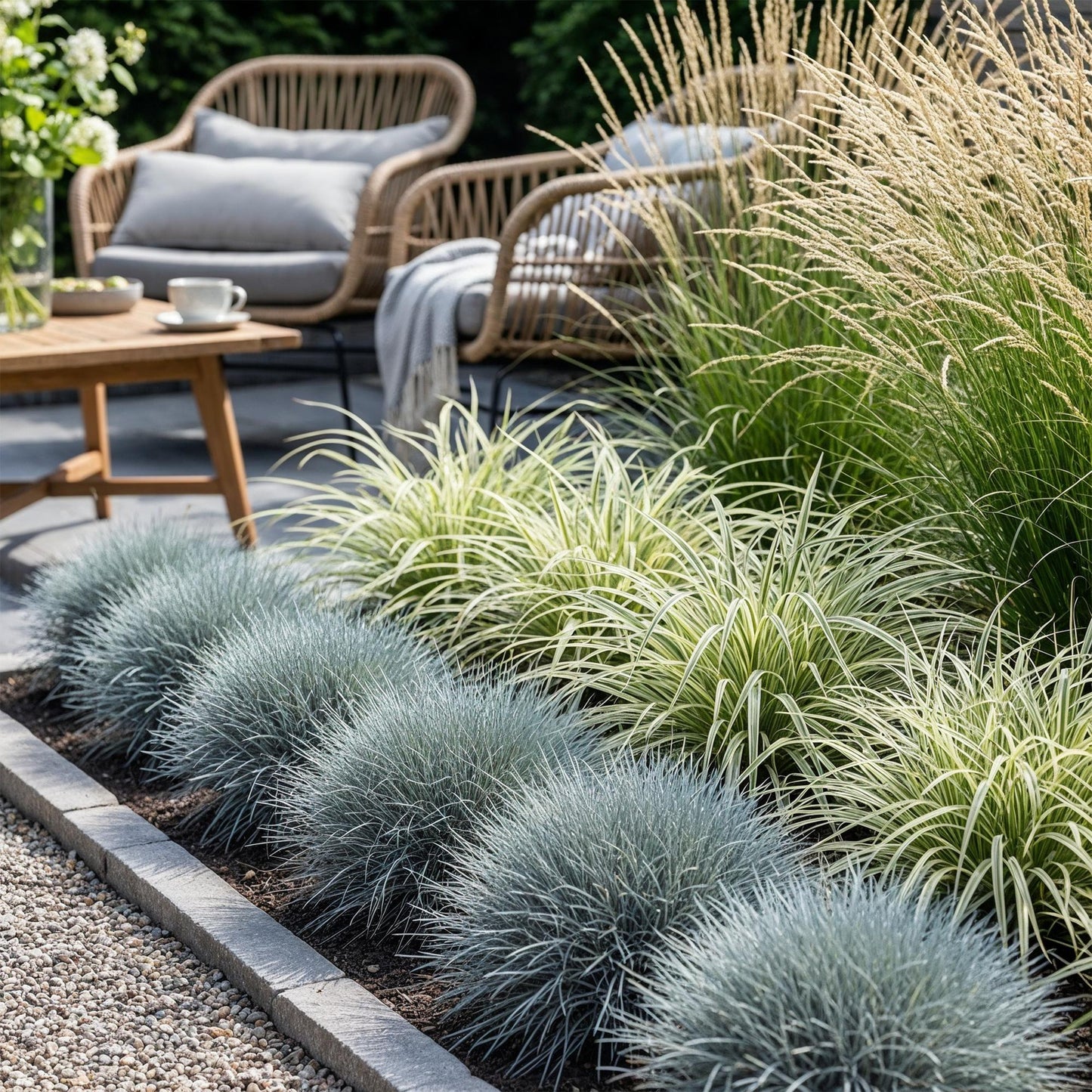 Green boutiQ - Ornamental Grasses - 3 Plants - Blue - Yellow - Green - Evergreen - Winter Hardy - Pot 17cm Height 50cm