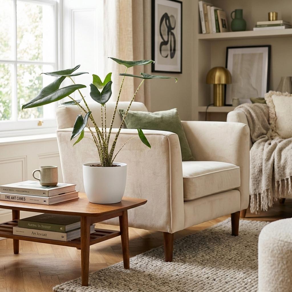 Green boutiQ - Indoor Plant - Elephant Ear - Alocasia Zebrina - Green - Low Maintenance - 1 Plant - with White Potter - Pot 21 cm - Height 70 - 75cm