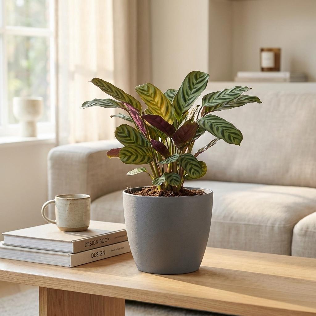 Ctenanthe Burle Marxii - Fishbone Prayer Plant - 1 Plant - with Grey Pot - Pot 12cm - Height 30cm