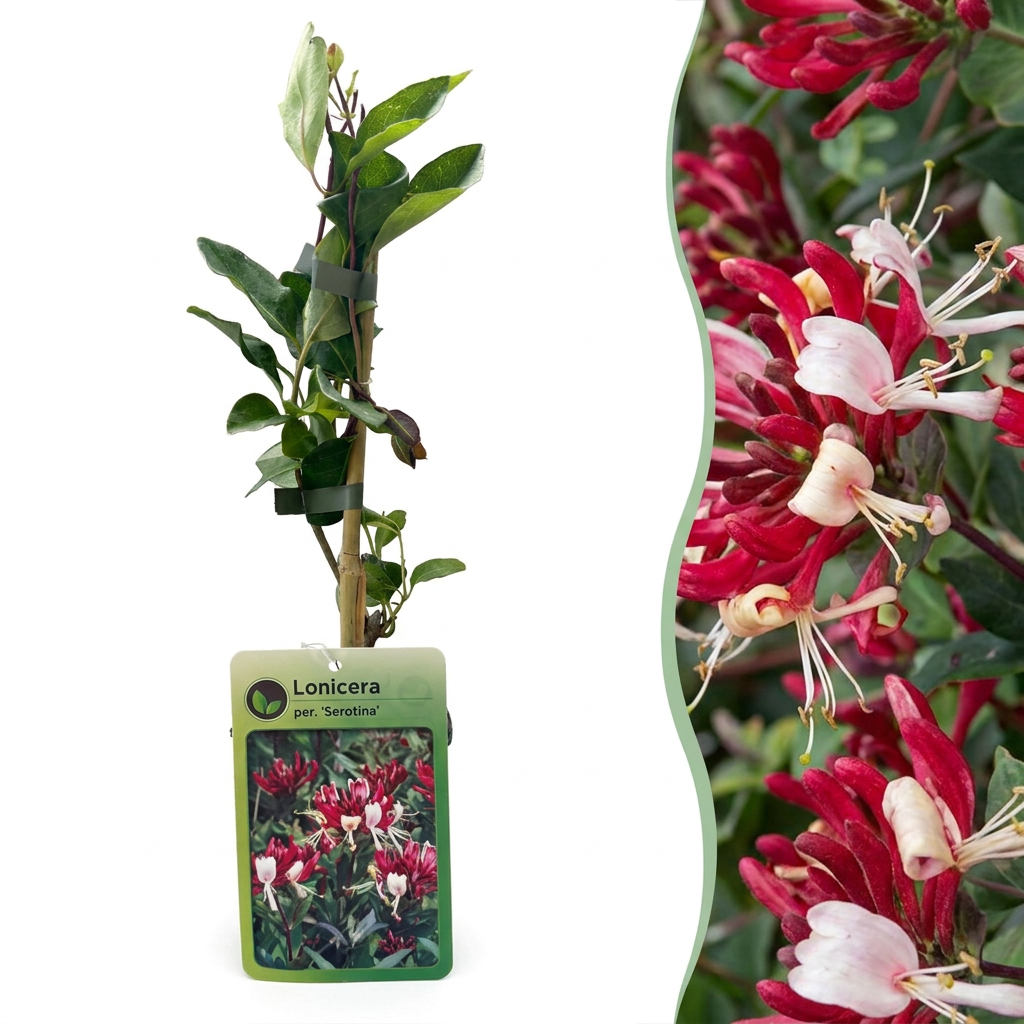 6x Lonicera per. 'Serotina' - Kamperfoelie - Paars - Geel - Klimplant - Ø9cm - ↕35cm