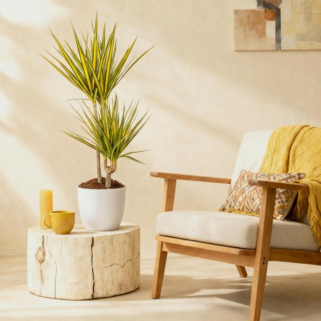 Green boutiQ - Houseplants - Dracaena Sunray - Dragon Blood Tree - Low maintenance - Green - yellow - 1 Plant - with Potter White - Pot 21cm - Height 90-100cm