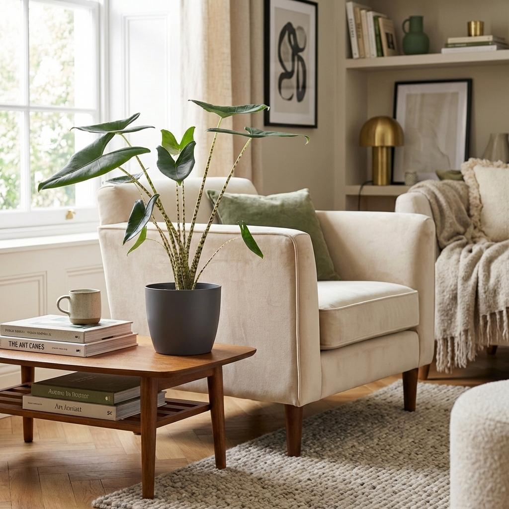 Green boutiQ - Indoor Plant - Elephant Ear - Alocasia Zebrina - Green - Low Maintenance - 1 Plant - with Potter Gray - Pot 21 cm - Height 70 - 75 cm