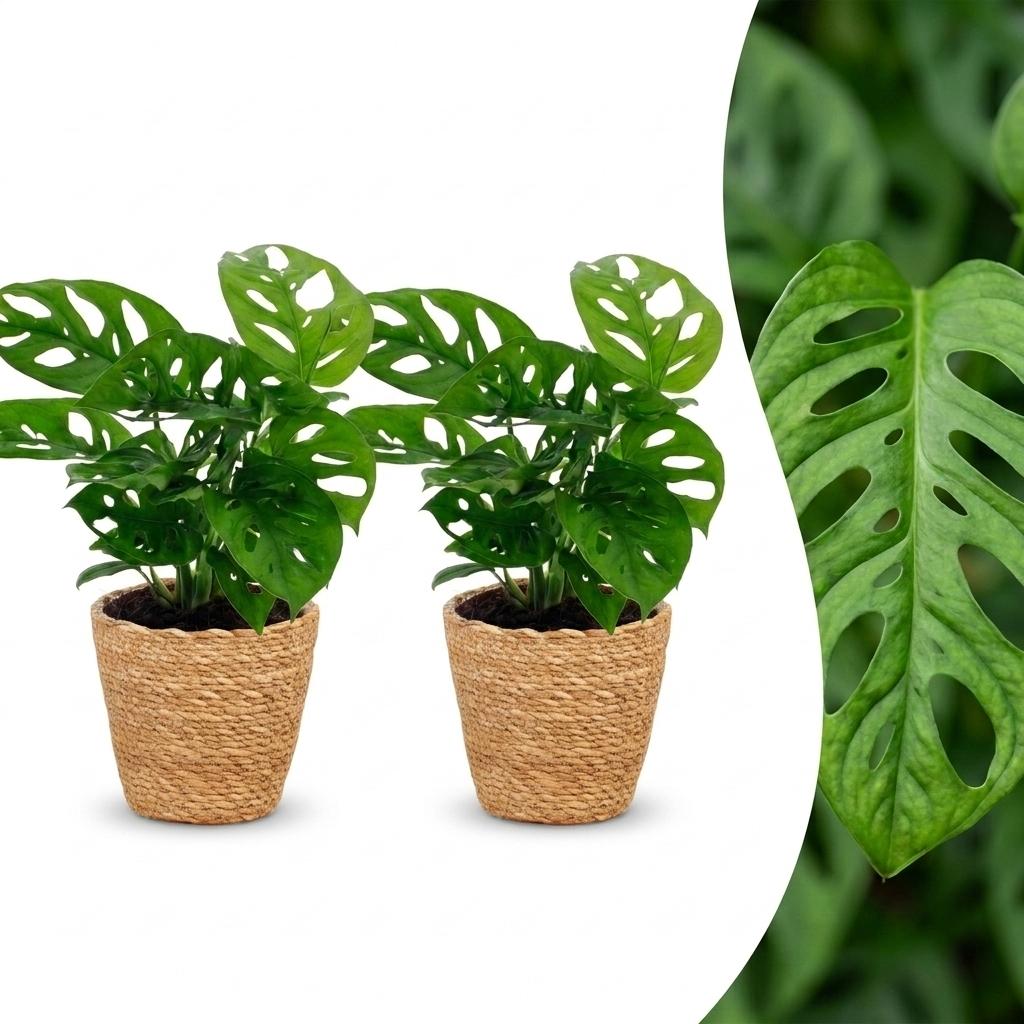 Monstera Adansonii - Rhaphidophora Tetrasperma - 2 Plants - with Basket - Pot 12cm - Height - 25cm