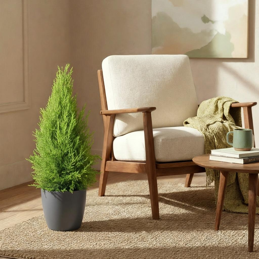 Green boutiQ - Houseplants - Cupressus Gold Crest Wilma - House conifer - Low maintenance - Green - 1 Plant - with Potter Grey - Pot 21cm - Height 85-95cm