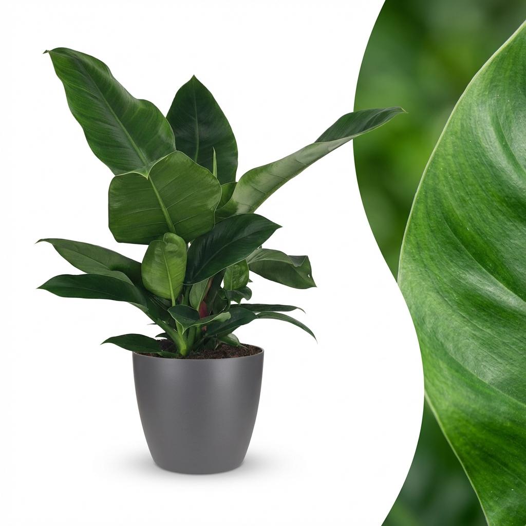 Green boutiQ - Houseplant - Philodendron - Philodendron Imperial Green - Green - Low Maintenance - 1 Plant - with Grey Potter - Pot 19cm - Height 65cm