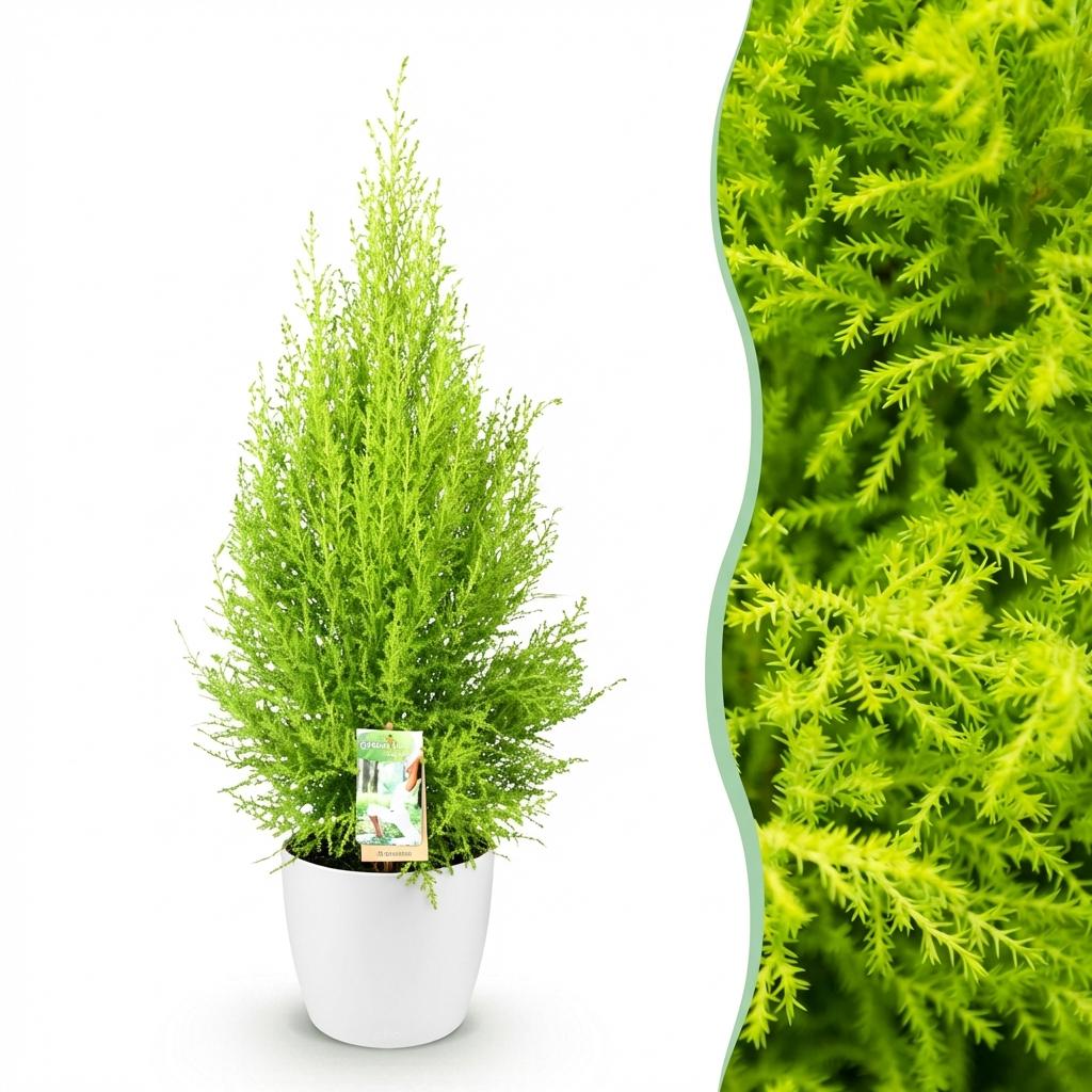 Green boutiQ - Houseplants - Cupressus Gold Crest Wilma - House conifer - Low maintenance - Green - 1 Plant - with Potter White - Pot 21cm - Height 85-95cm