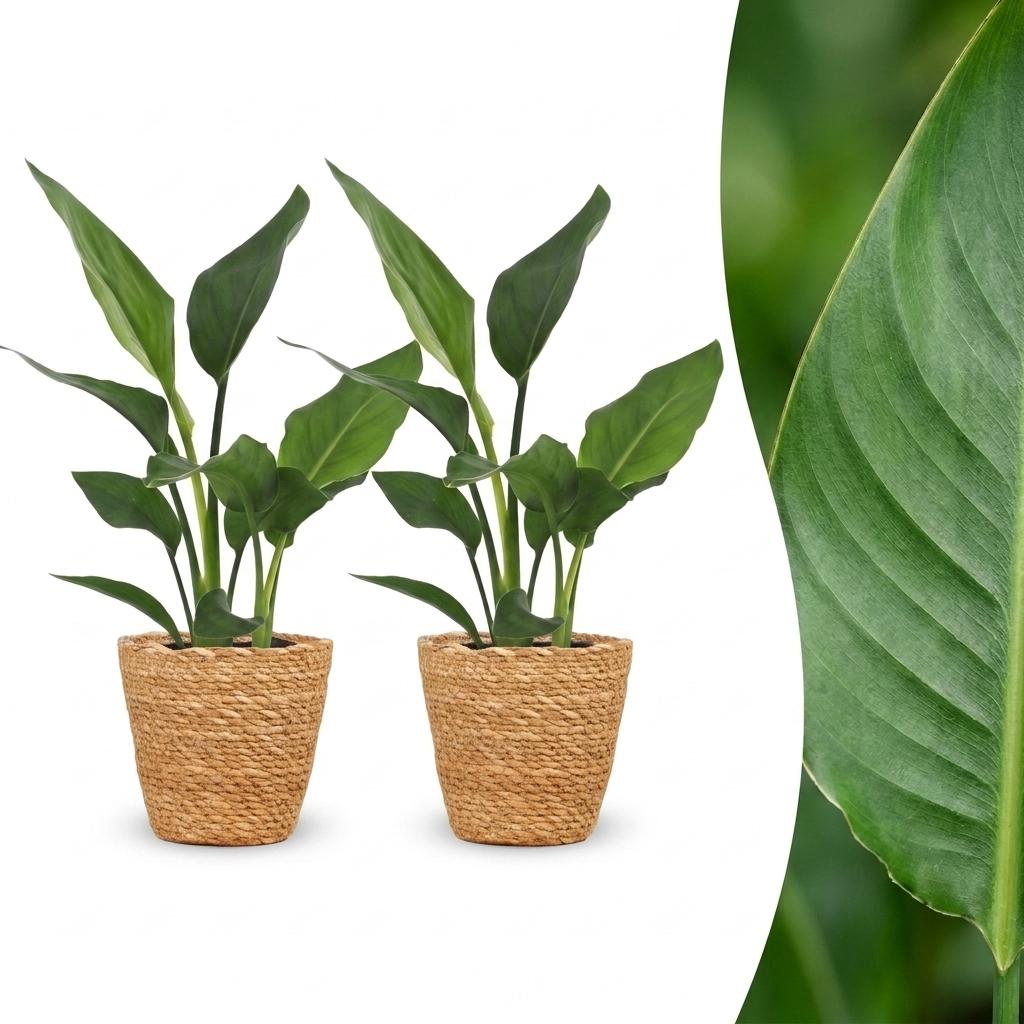 Strelitzia Reginea - Paradijsvogelbloem - 2 Planten - met Mand - Pot 12cm - Hoogte - 35cm