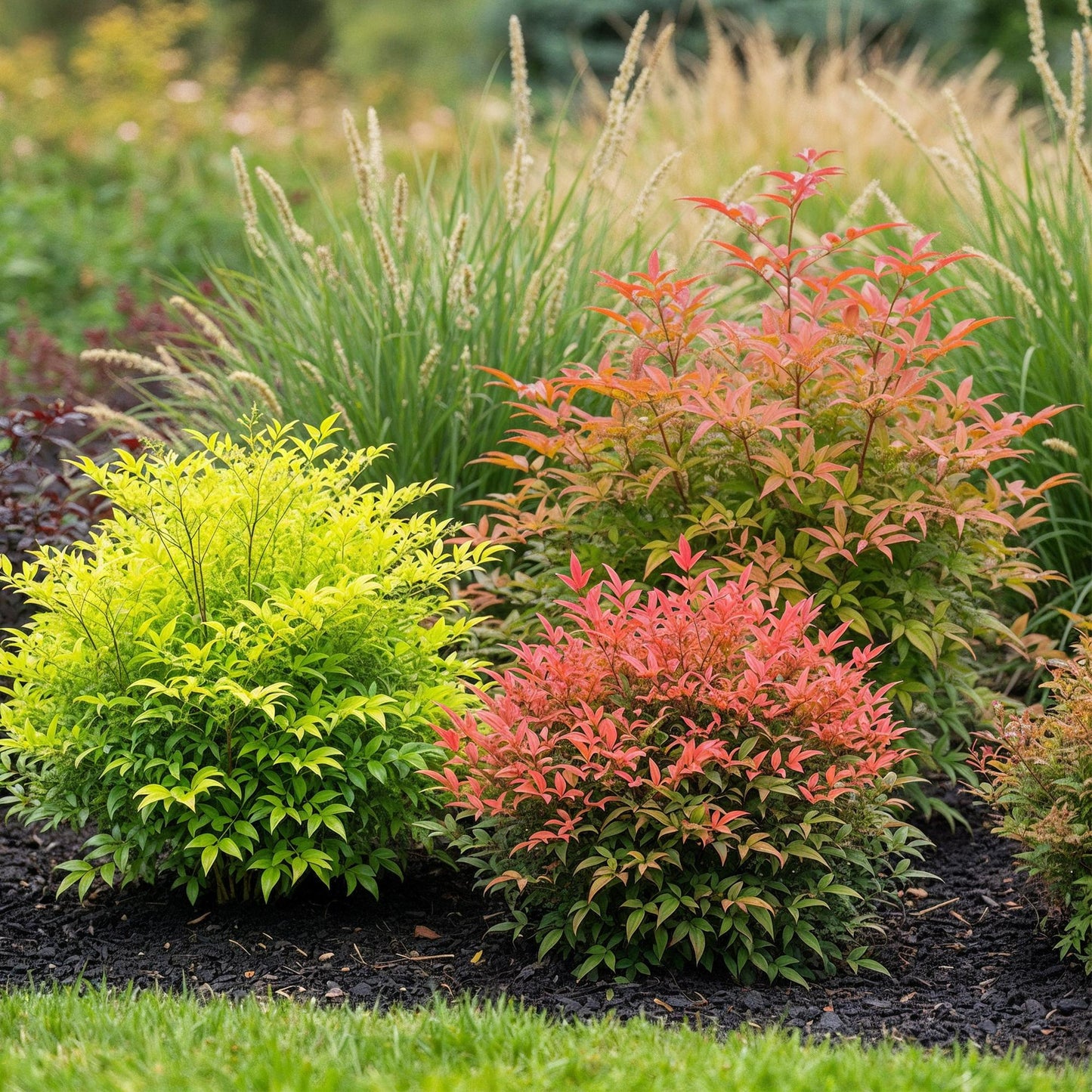 Green boutiQ - Pianta da giardino - Nandina tricolore - Giallo, rosso e arancione - 3 piante - Sempreverde - Bassa manutenzione - Vaso 17 cm Altezza 45 cm