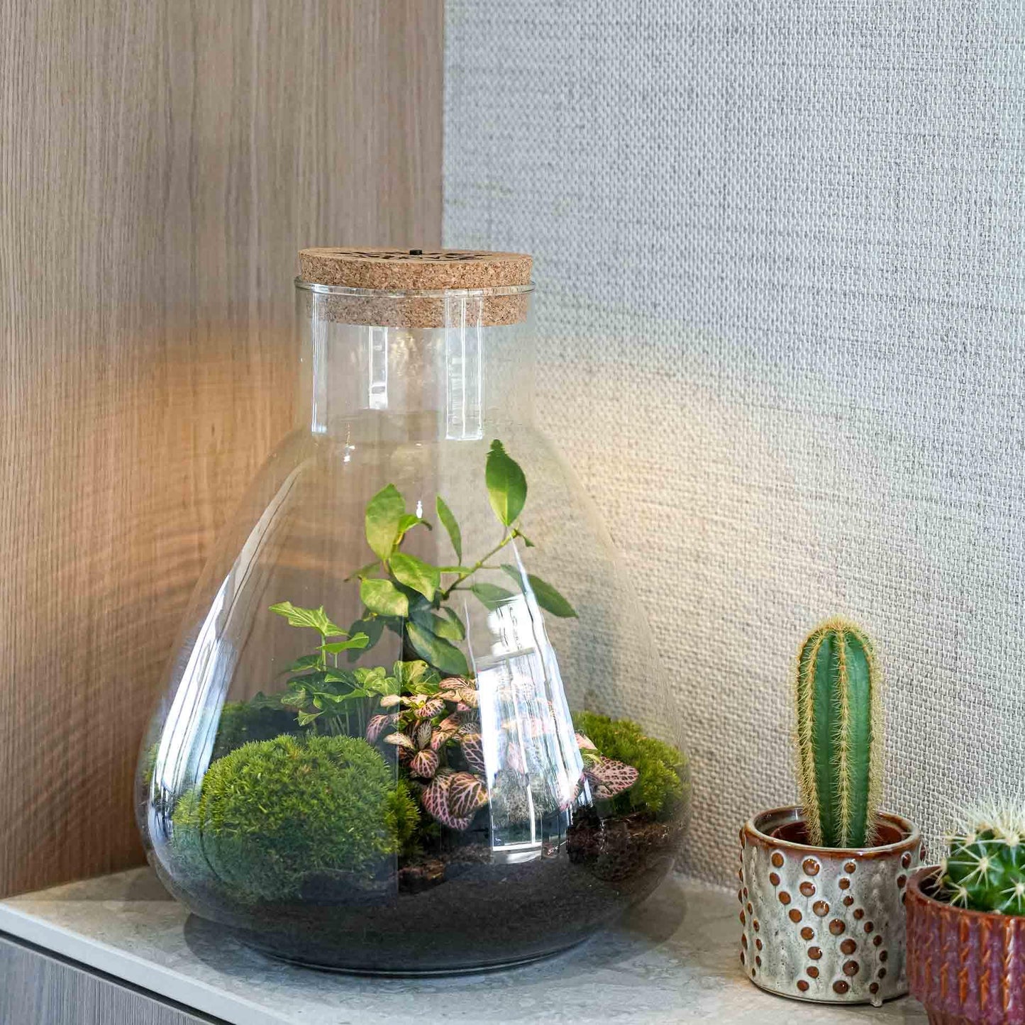 'LOVE MOM' terrarium Sam + gegraveerde kurk met licht - Fles terrarium DIY kit - Ø 24.5 cm ↑ 30 cm - Moederdag