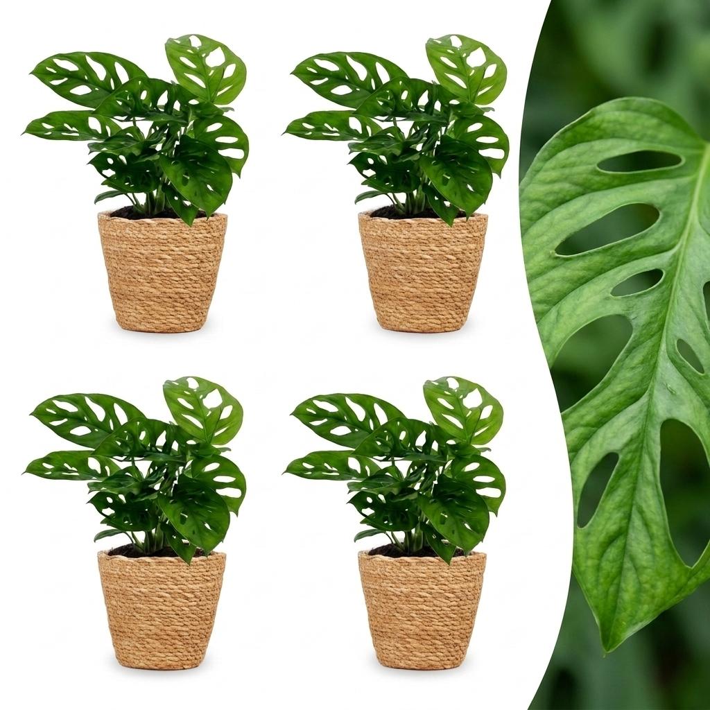 Green boutiQ - Monstera Adansonii - Monstera Adansonii - 4 Plants - with Basket - Pot 12cm - Height - 25cm