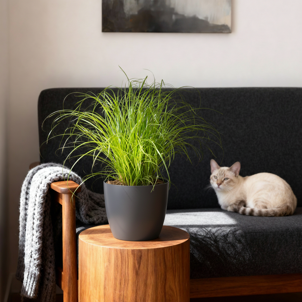 Houseplant - Cyperus alternifolius Zumula - Cat Grass - Pet-friendly Plant - Green - 2 Plants - with Grey Pot - Pot 12cm - Height 20cm