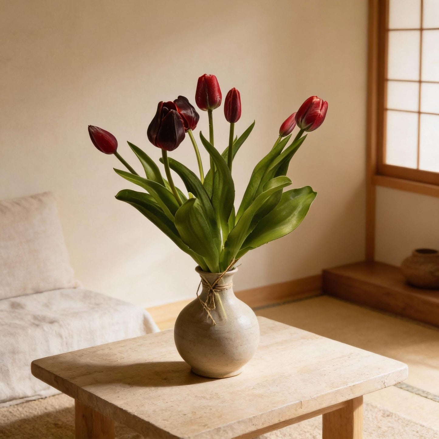 Tulpenboeket - Diep Rood - ‘Real Touch’ Kunsttulpen - 7 stelen - 42 cm