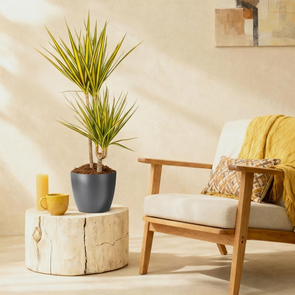 Green boutiQ - Houseplants - Dracaena Sunray - Dragon Blood Tree - Low maintenance - Green - yellow - 1 Plant - with Potter Grey - Pot 21cm - Height 90-100cm