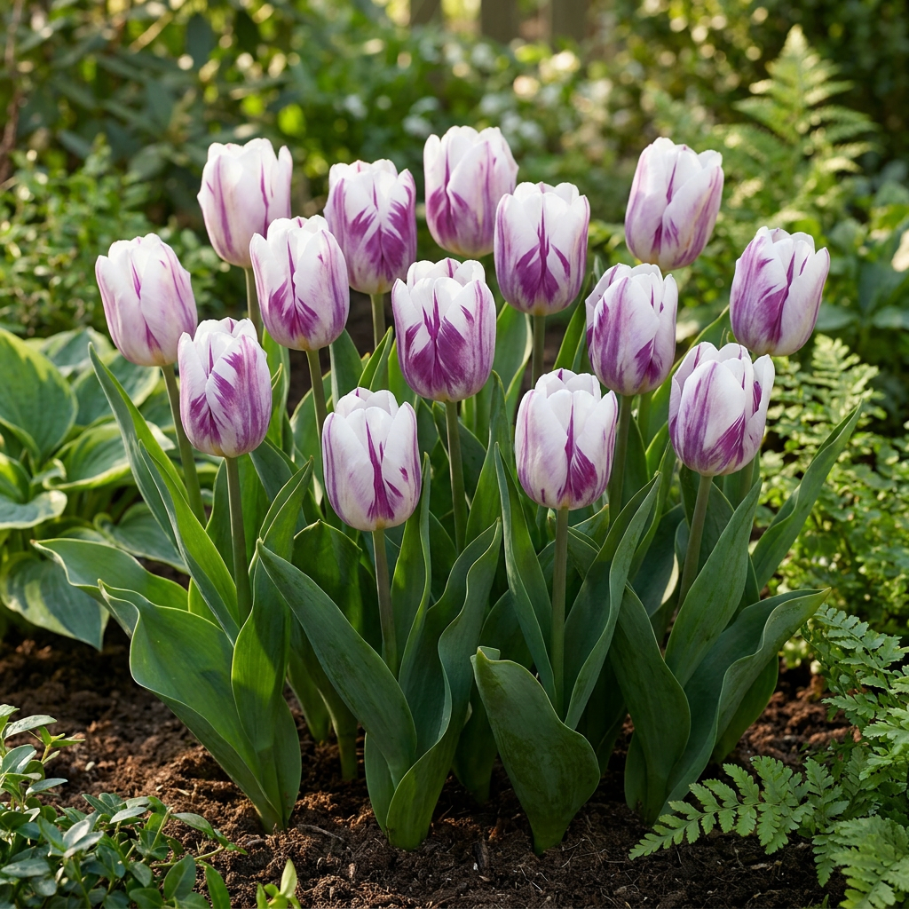 60x Tulipa Flaming Flag - Tulipano Flaming Flag - Bianco e viola - Fioritura primaverile - Calibro bulbo 11/12