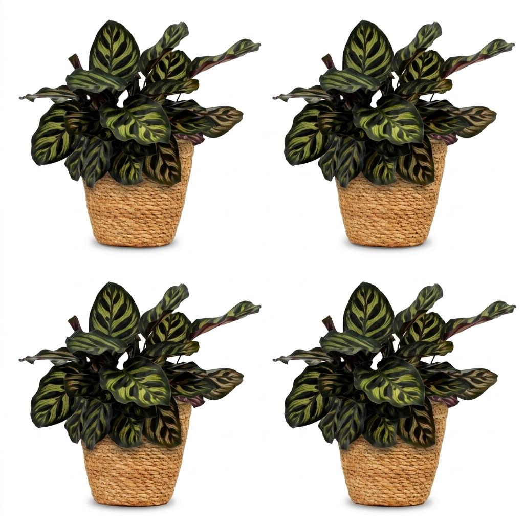 Green boutiQ - Calathea Makoyana - Peacock Plant - 4 Plants - with Basket - Pot 12cm - Height - 25cm