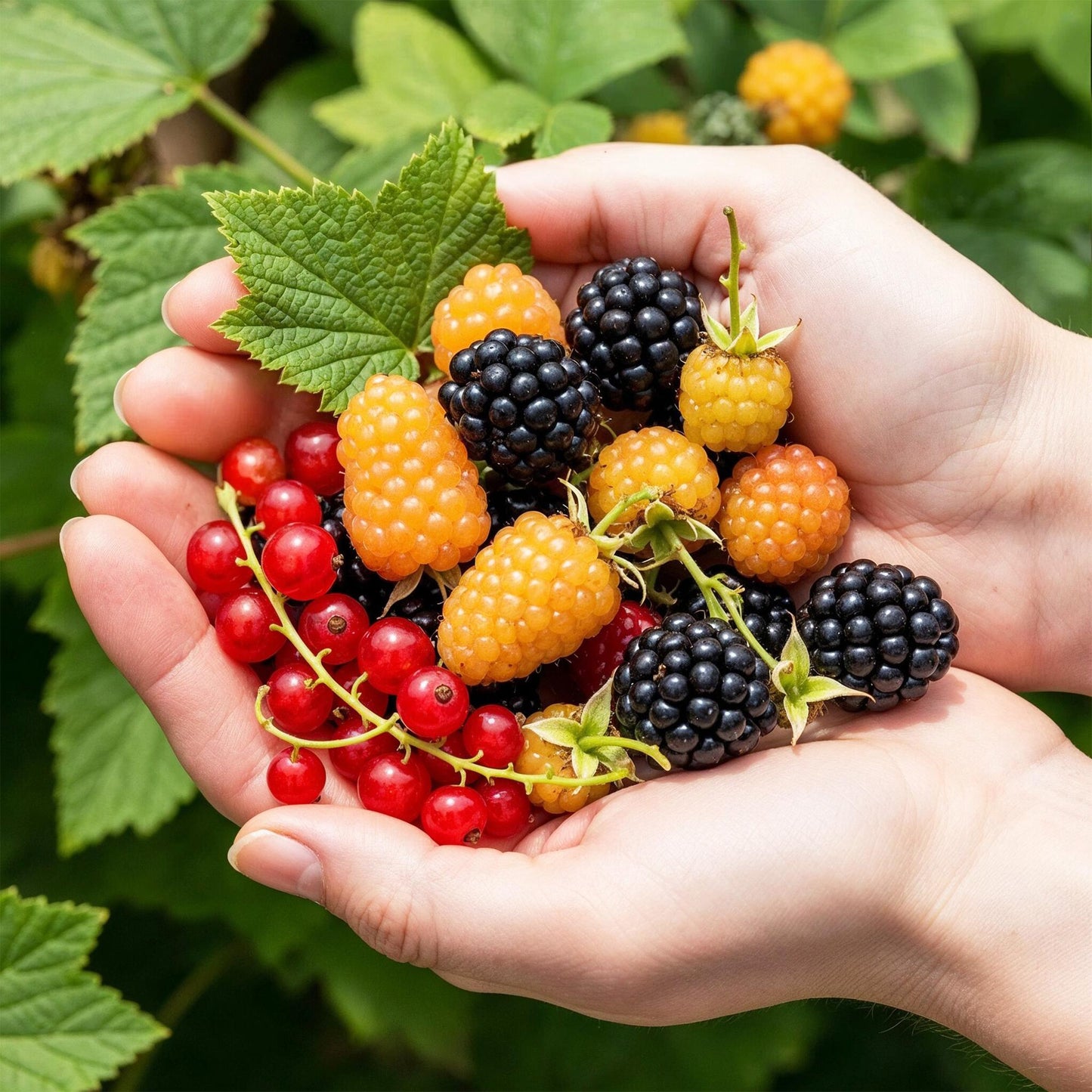 Fruitplant - Ribes-Rubes Mix - Tricolour - Winterhard - Rode Bes - Zwarte Braam - Gele Framboos - 3 Planten - Pot 15cm - Hoogte 50cm