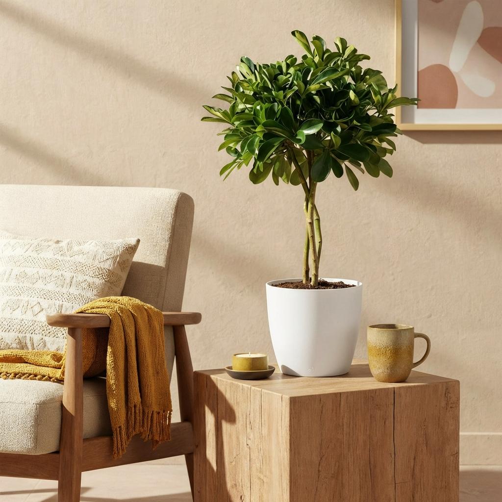 Green boutiQ - House Plants - Schefflera Gold Capelle - Finger Tree - Low Maintenance - Green - Gold - 1 Plant - with Potter White - Pot 21cm - Height 70-81cm