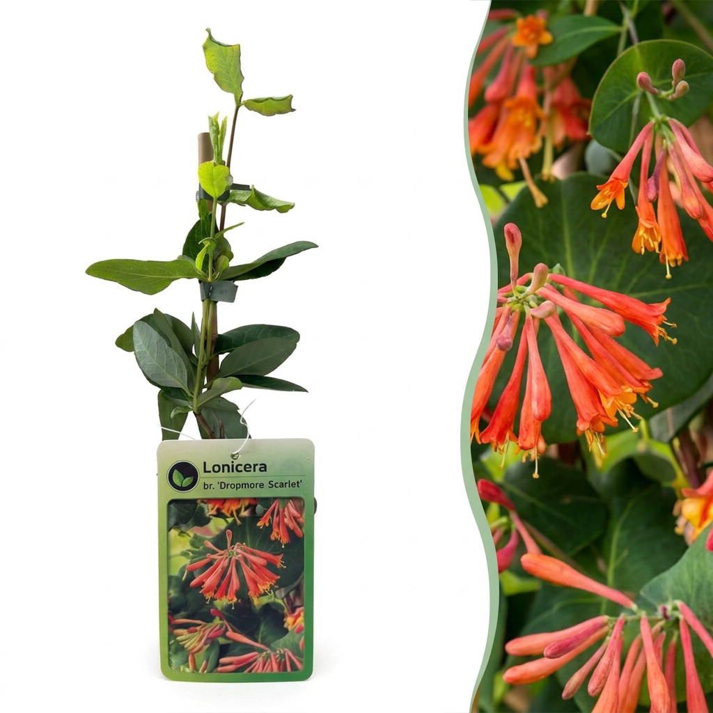 4x Lonicera br. 'Dropmore Scarlet' - Caprifoglio 'Dropmore Scarlet' - Rosso-Giallo - Pianta rampicante - Ø9cm - ↕35cm
