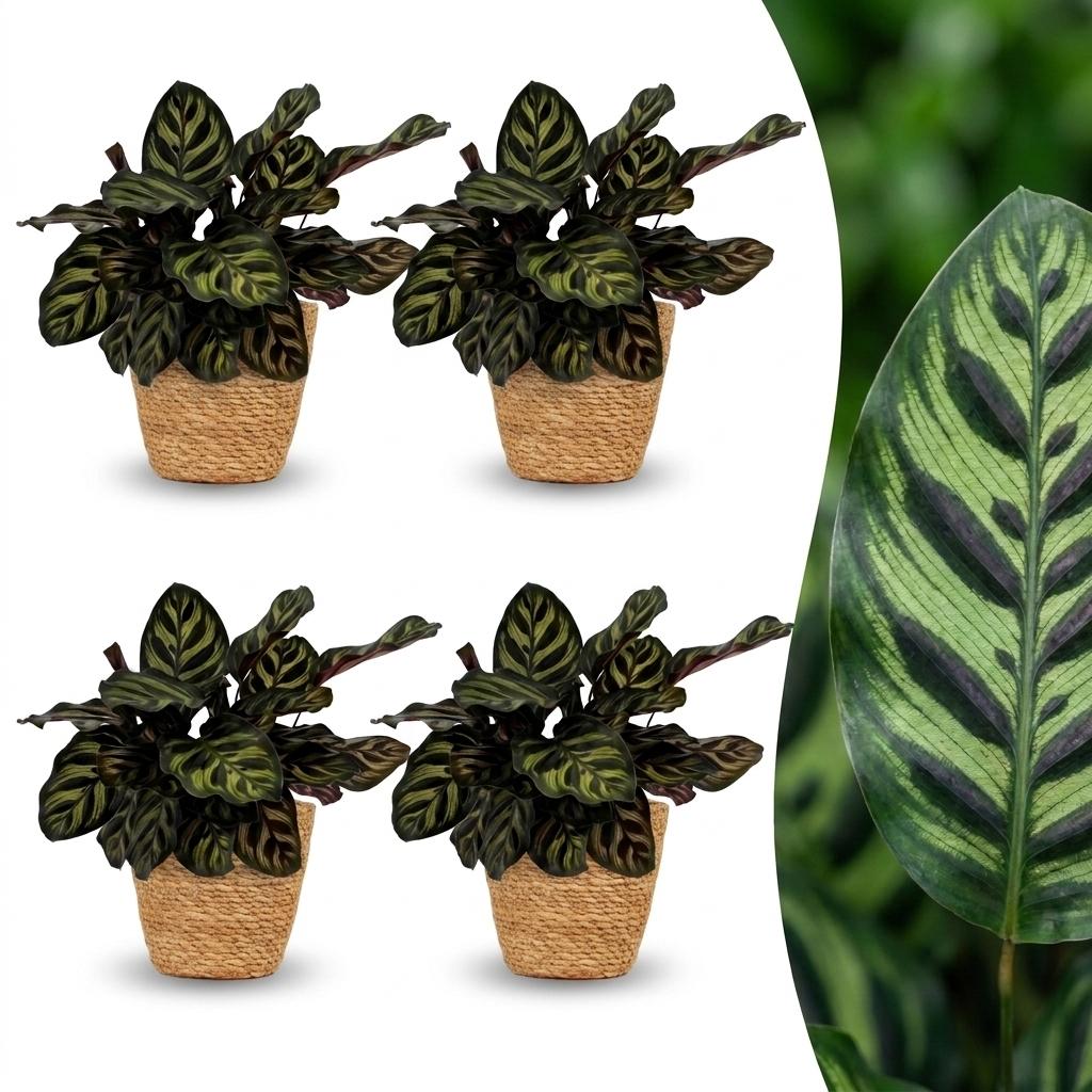 Green boutiQ - Calathea Makoyana - Peacock Plant - 4 Plants - with Basket - Pot 12cm - Height - 25cm