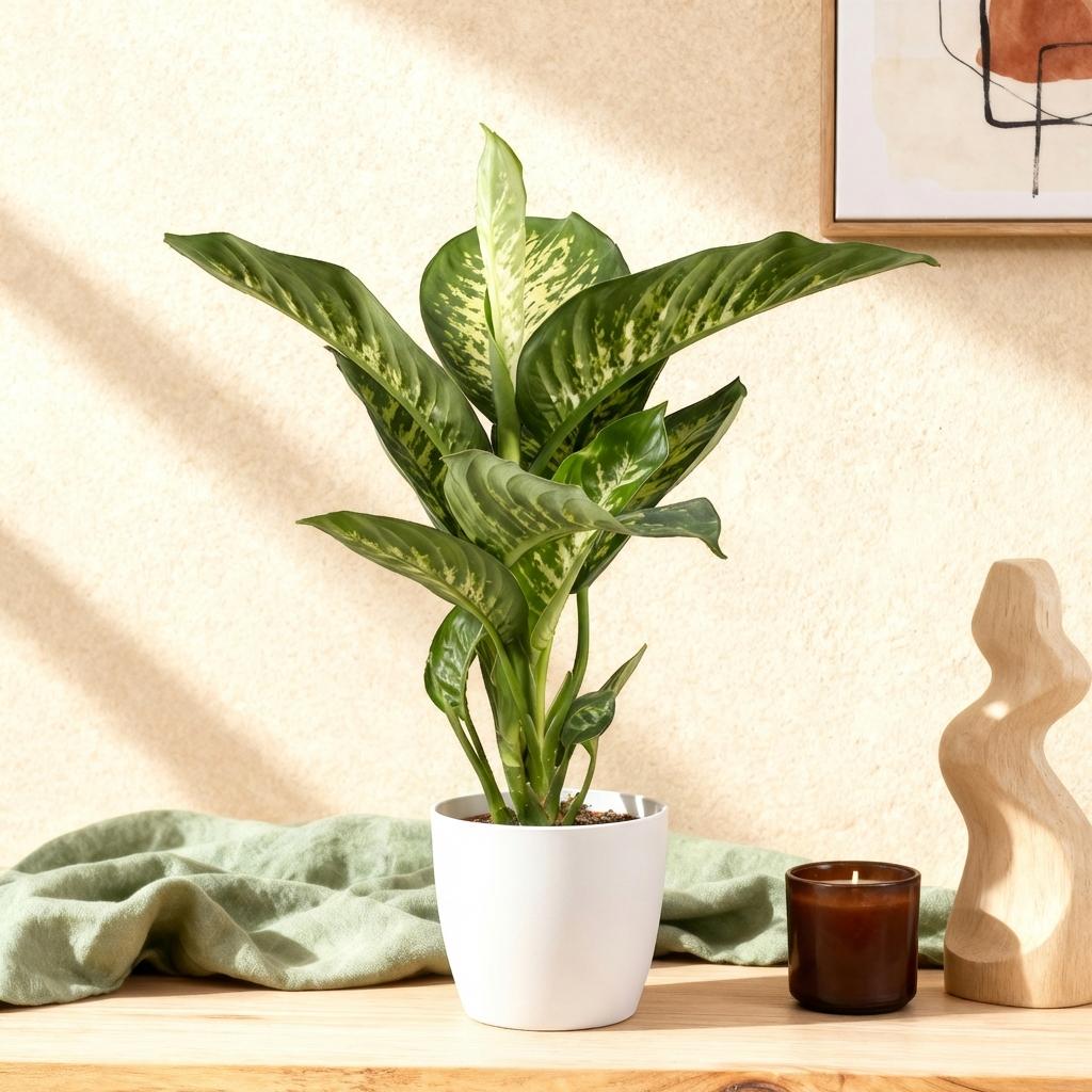 Green boutiQ - Houseplants - Dieffenbachia Tropic Snow - Dieffenbachia - Low maintenance - with Potter White - Variegated - 1 Plant - with Potter White - Pot 21cm - Height 90-100cm
