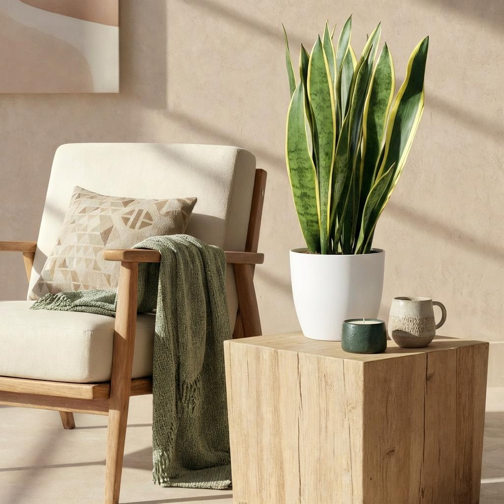 Green boutiQ - Houseplants - Sansevieria Laurentii - Snake Plant - Low maintenance - Green - yellow - 1 Plant - with Potter White - Pot 21cm - Height 70-80cm