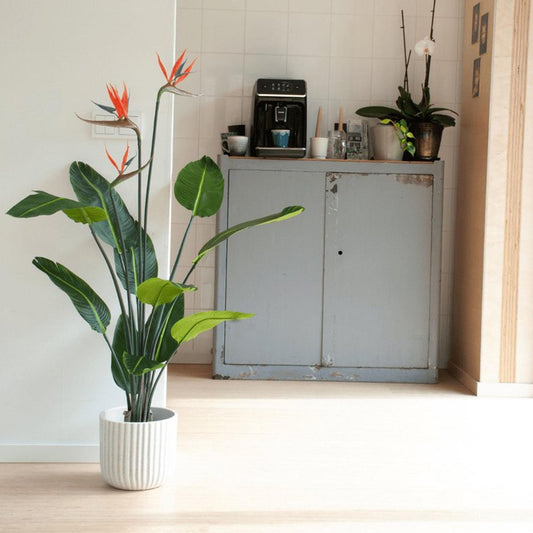Strelitzia artificiel fleuri en pot noir – 120 cm