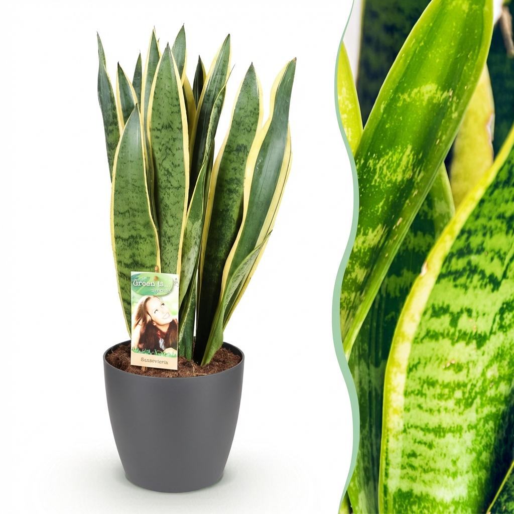 Green boutiQ - Houseplants - Sansevieria Laurentii - Snake Plant - Low maintenance - Green - yellow - 1 Plant - with Potter Grey - Pot 21cm - Height 70-80cm
