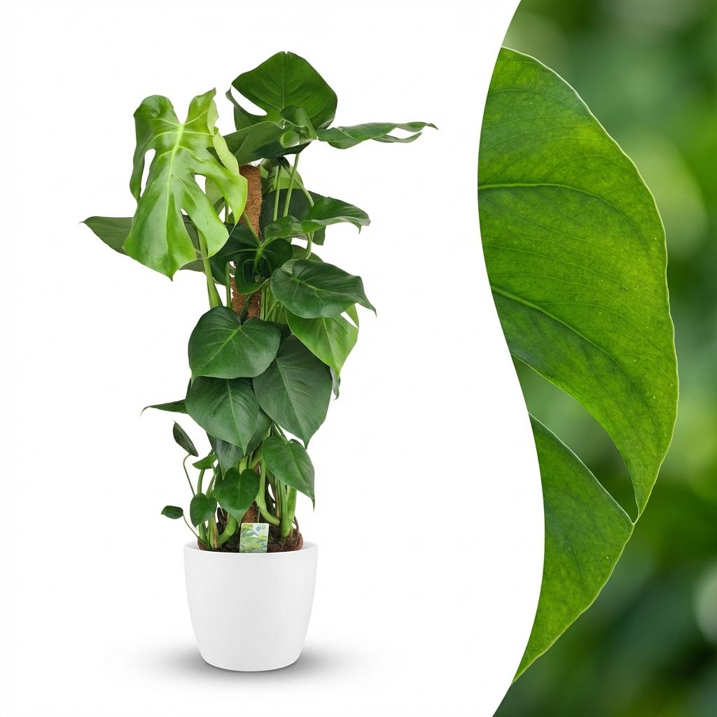 Green boutiQ - Houseplant - Swiss Cheese Plant - Monstera Deliciosa moss pole - Green - Low maintenance - 1 Plant - with White Pot - Pot 19cm - Height 90cm