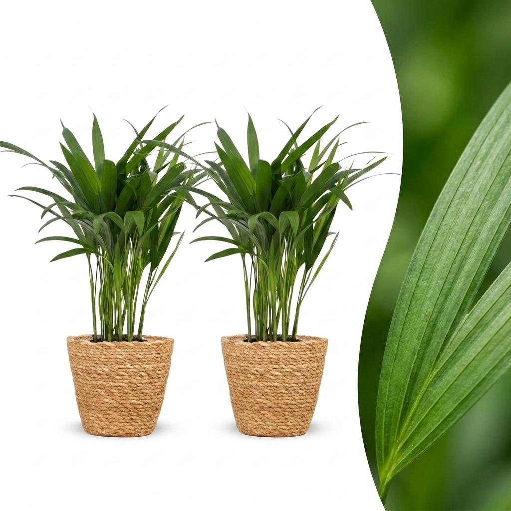Areca Lutescens - Golden Cane Palm - 2 Plants - with Seagrass Basket - Pot 12cm - Height 45cm