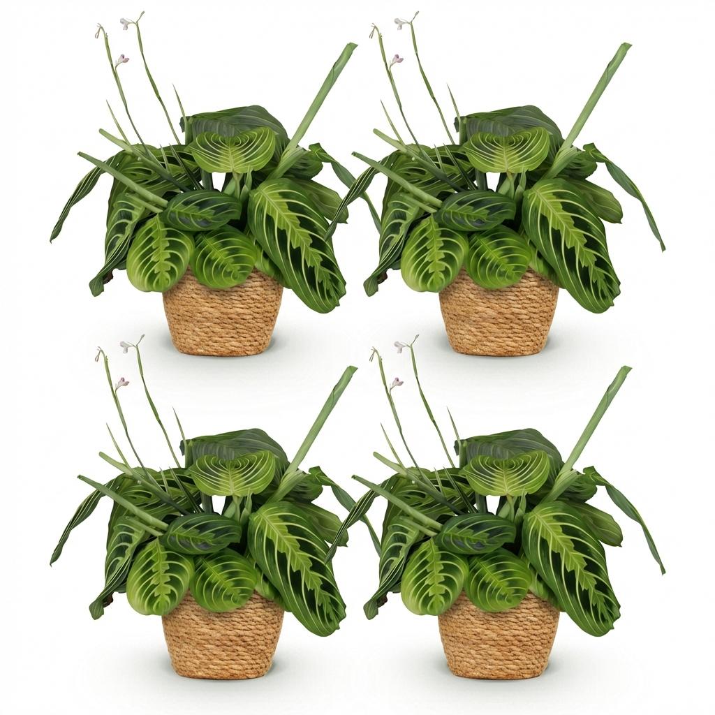 Green boutiQ - Houseplant - Maranta Fascinator Lemon Lime - Prayer Plant - Pet-Friendly Plant - Green - 4 Plants - with Basket - Pot 12cm - Height 25cm