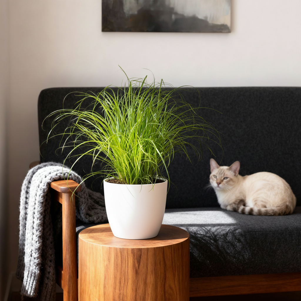 Houseplant - Cyperus alternifolius Zumula - Cat Grass - Pet-Friendly Plant - Green - 1 Plant - with Pot White - Pot 12cm - Height 20cm