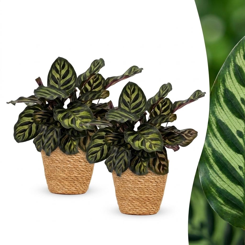 Calathea Makoyana - Pauwenplant - 2 Planten - met Mand - Pot 12cm - Hoogte - 25cm