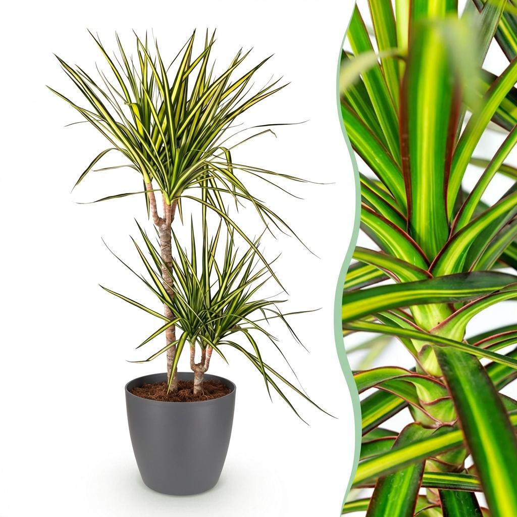 Green boutiQ - Houseplants - Dracaena Sunray - Dragon Blood Tree - Low maintenance - Green - yellow - 1 Plant - with Potter Grey - Pot 21cm - Height 90-100cm