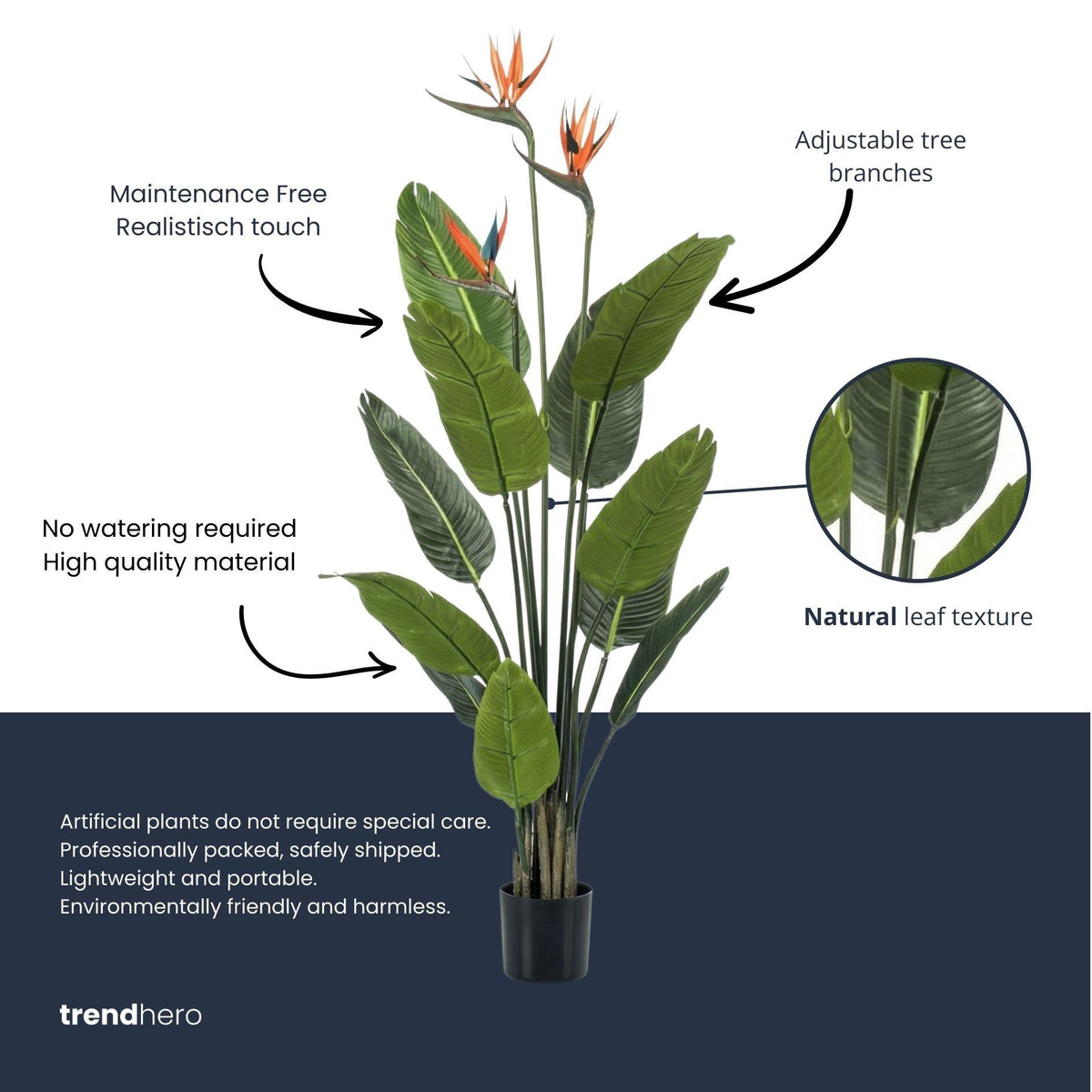 Strelitzia artificiel fleuri en pot noir – 120 cm