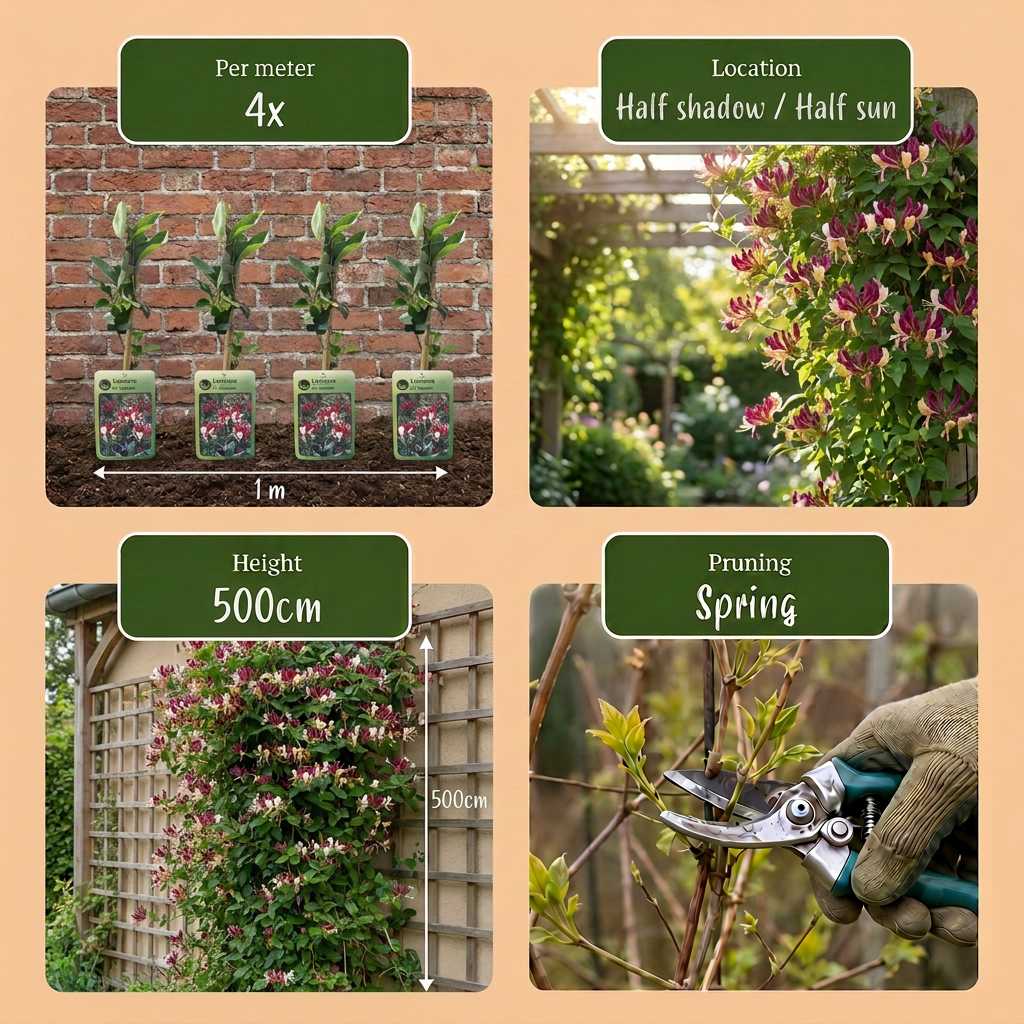 4x Lonicera per. 'Serotina' - Kamperfoelie - Paars - Geel - Klimplant - Ø9cm - ↕35cm
